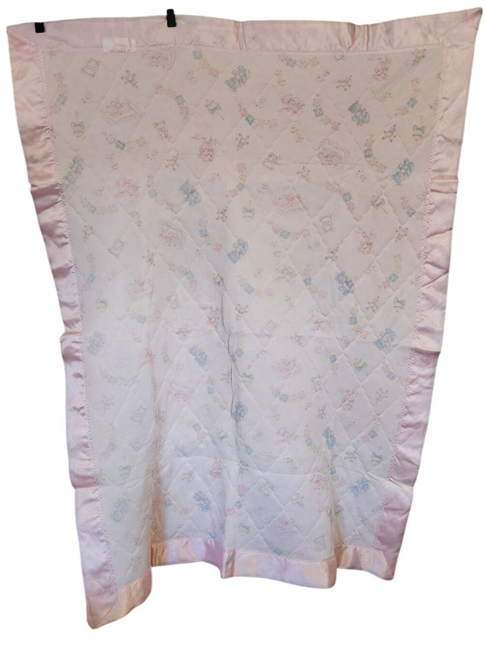 Vintage Baby Nylon Crib Blanket Quilted Pink Bunnies Blue Bears Nylon Binding NW